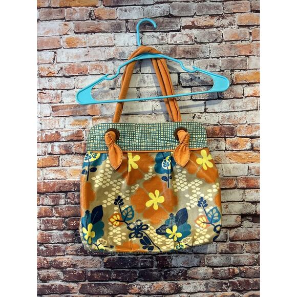 Fossil Satchel Floral Orange Blue Coated Handbag, No Shoulder Strap Purse - Picture 1 of 9